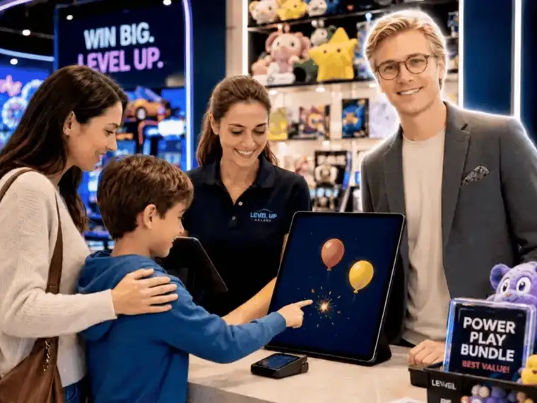 Daniel surfacing a real-time upsell at a gaming arcade checkout