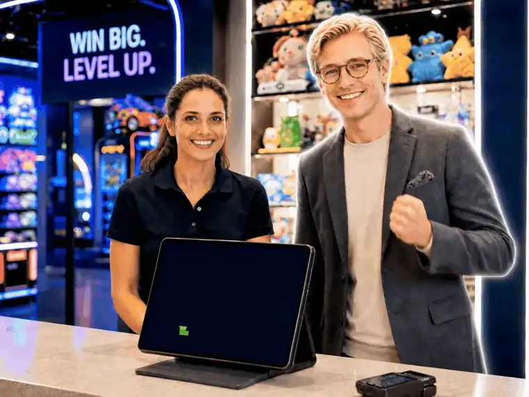 A cashier and shopper at a gaming arcade counter after a Daniel-powered upsell