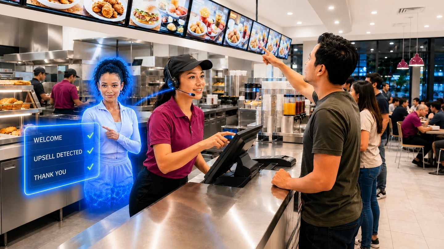 Nicole assisting a cashier upsell at a food counter