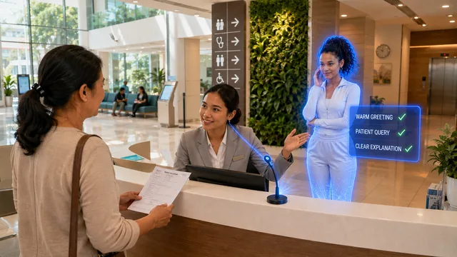 Nicole supporting front-line staff at a reception desk