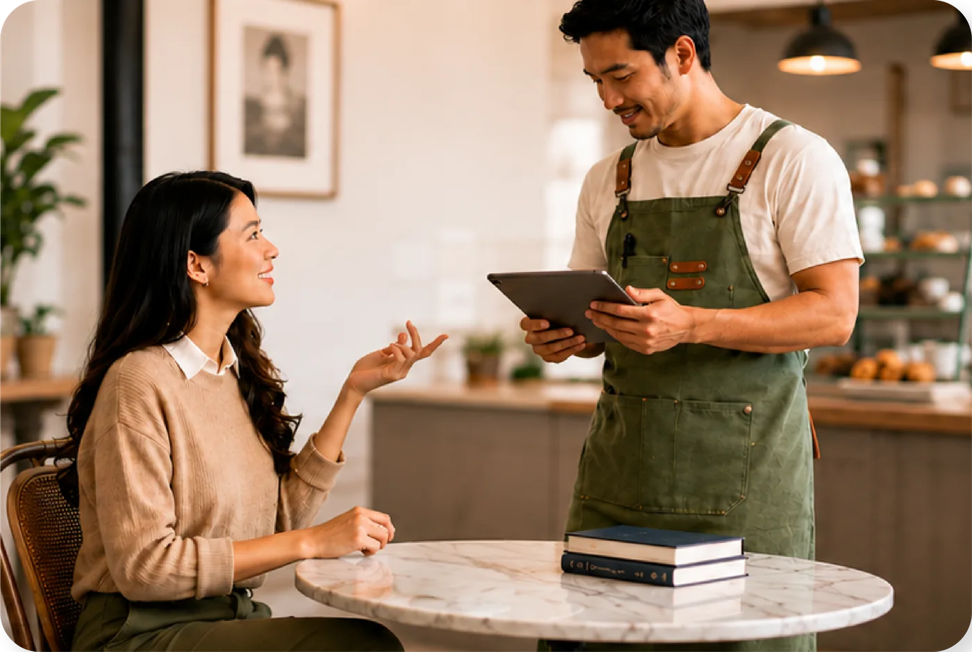 A barista at a cafe table enters the guest’s mobile number on a POS tablet