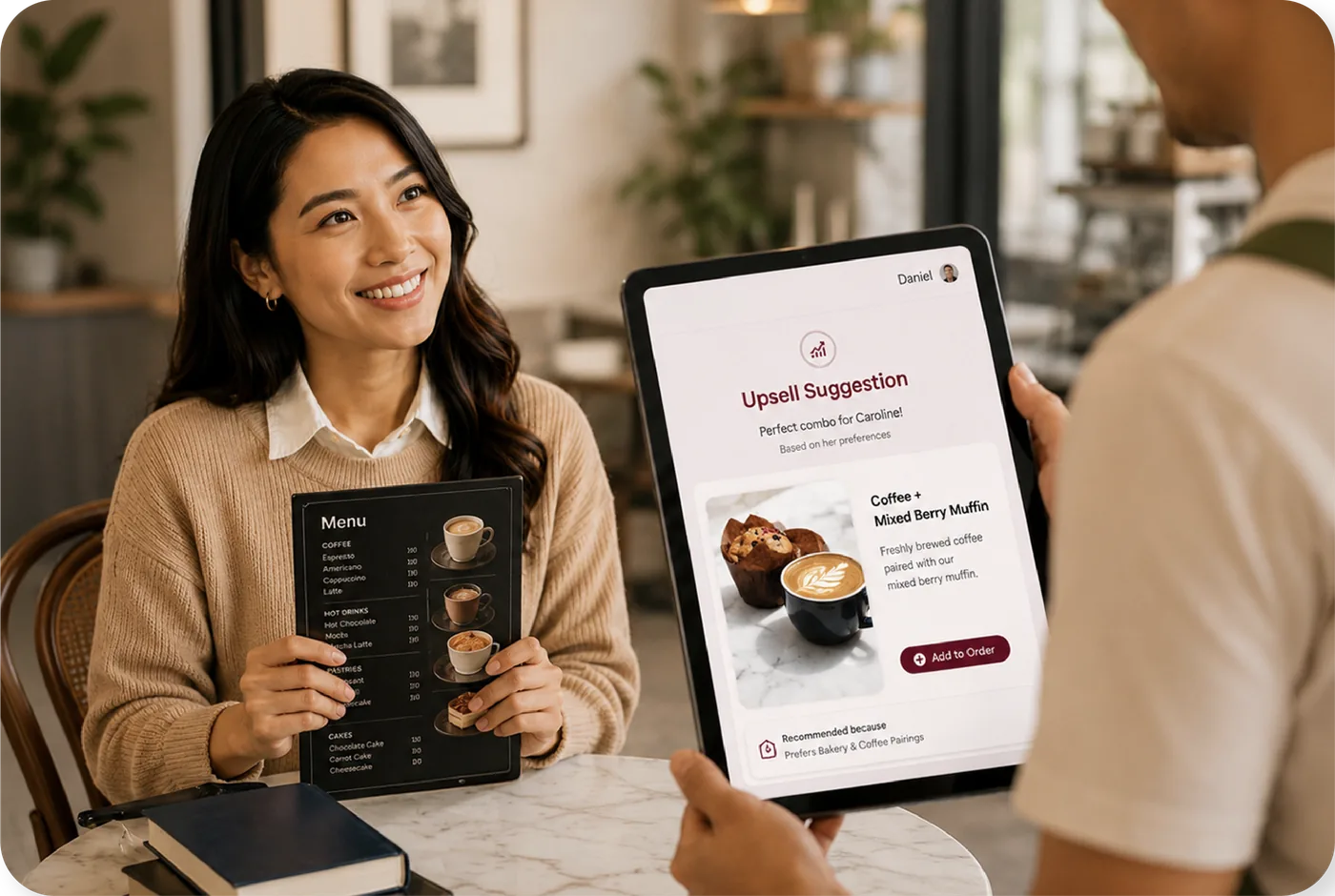 The guest holds a menu while the cashier shows Daniel’s upsell suggestion on a tablet