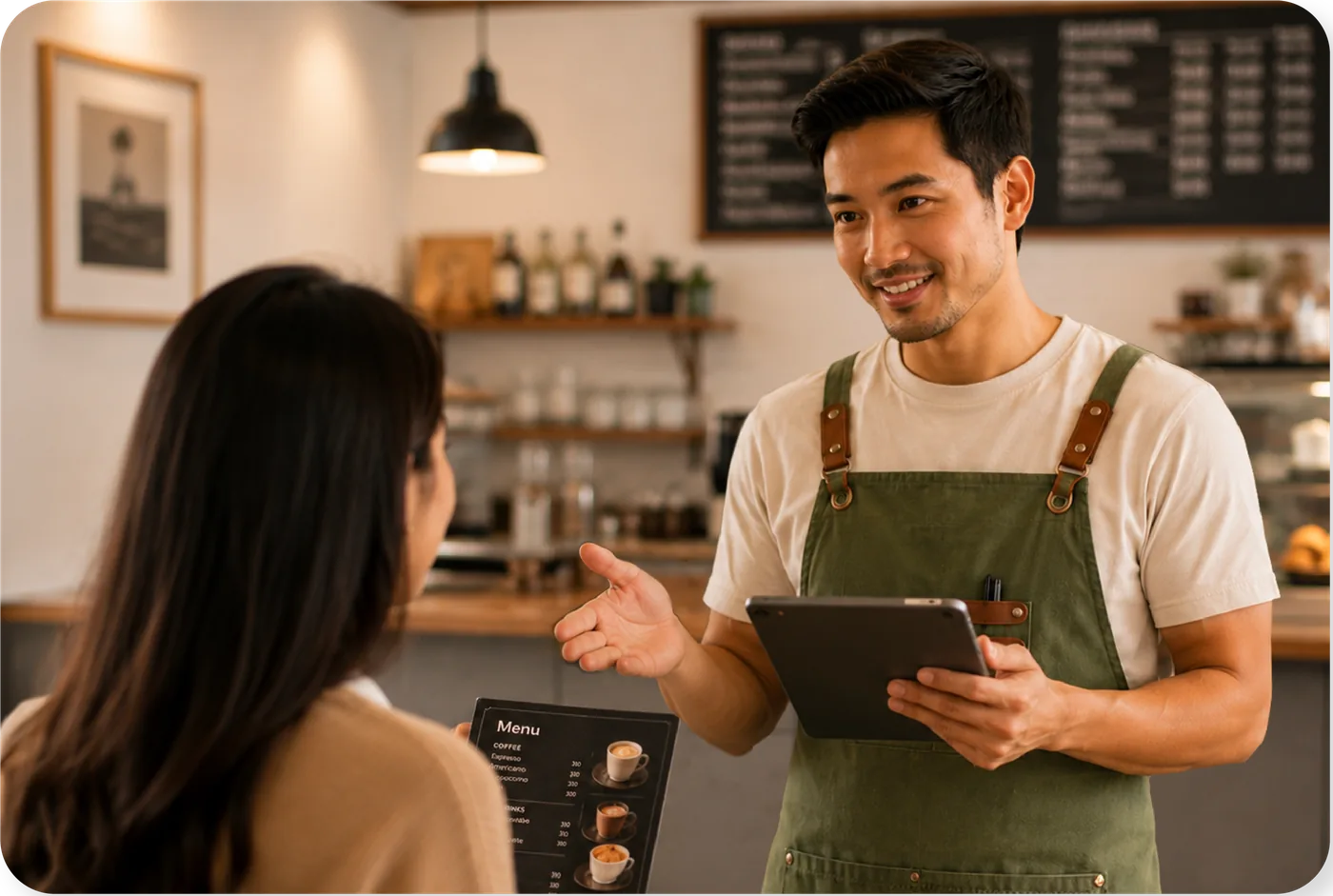 The cashier pitches the muffin offer to the guest across the counter