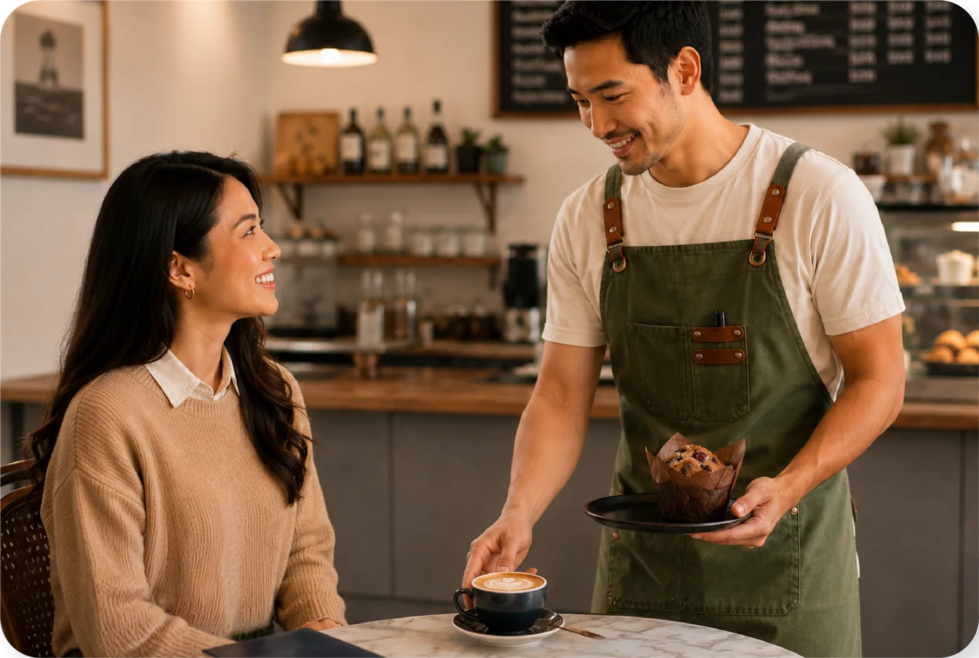 The barista serves the coffee and muffin to the smiling guest